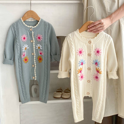 Hand-embroidered flower knitted romper jumpsuit