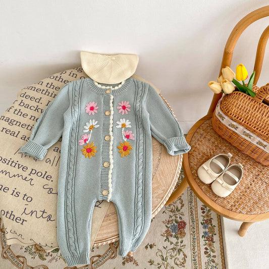 Hand-embroidered flower knitted romper jumpsuit