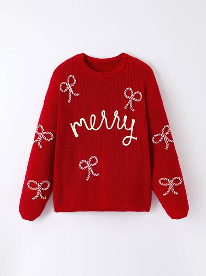 Mom and Me Winter Christmas Red "merry" Pullover Sweater: Adult