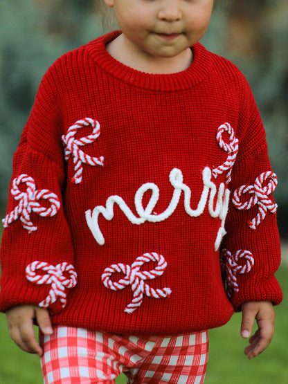 Mom and Me Winter Christmas Red "merry" Pullover Sweater: Kids