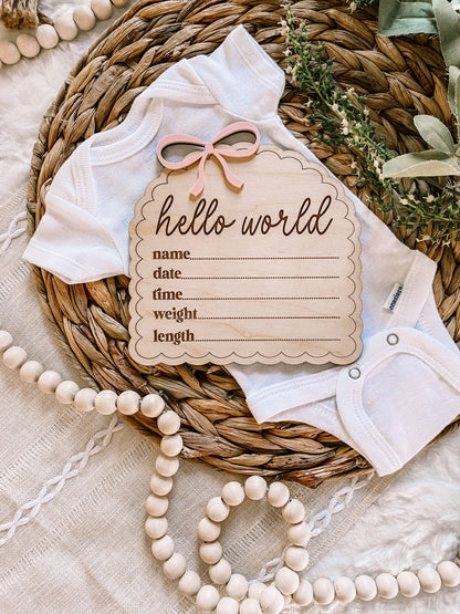 Hello World Birth Stat Sign - Dainty Bow