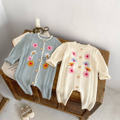 Hand-embroidered flower knitted romper jumpsuit