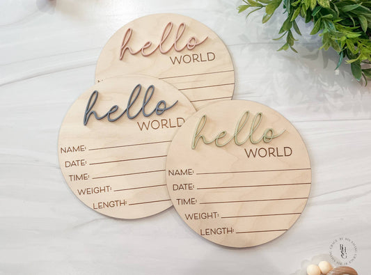 Wooden Hello World Baby Announcement